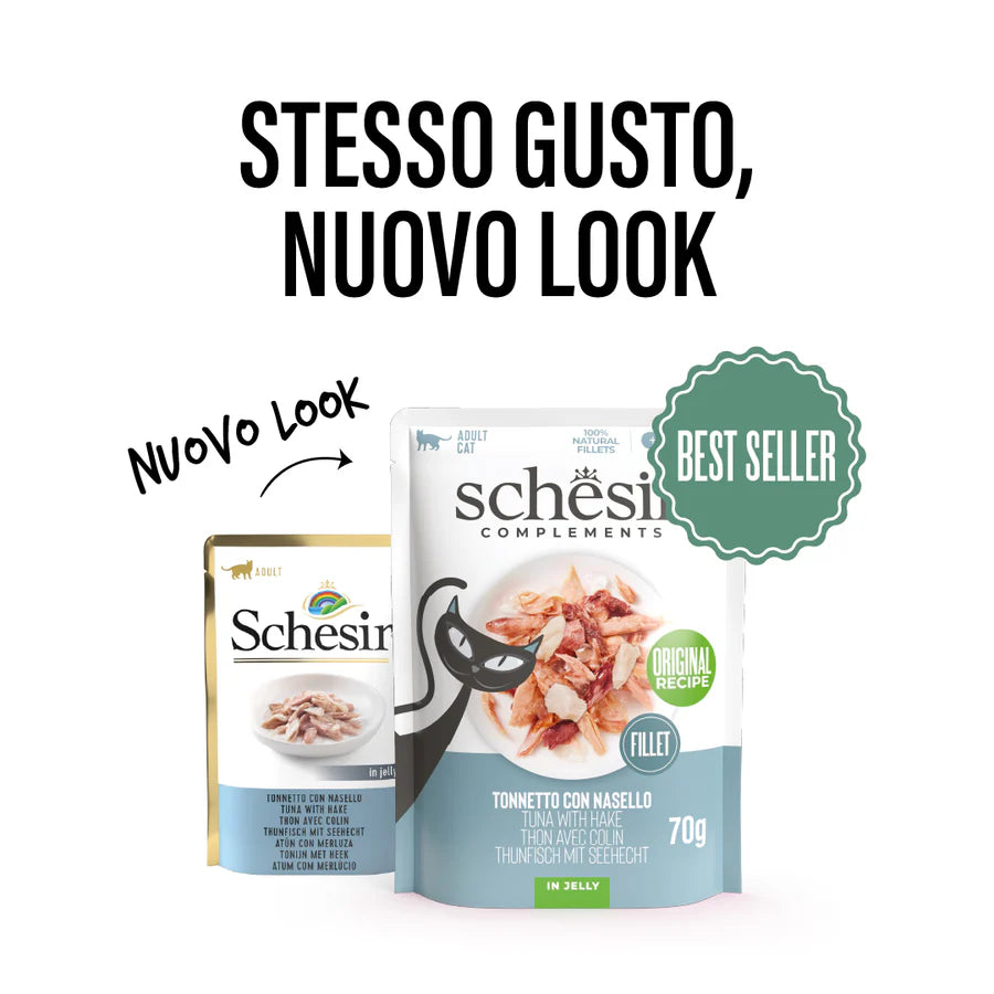 Alimento umido Schesir Tonnetto con Nasello in Gelatina 70 g in busta per gatti adulti Alimento umido Schesir Tonnetto con Nasello in Gelatina 70 g in busta per gatti adulti